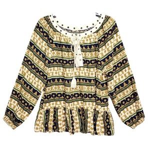 Entro Boho Peasant Top‎ Blouse Small Tan Cream Blue Long Sleeve Peplum Trim